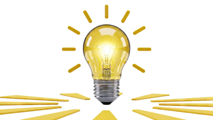 Glowing light bulb with radiating yellow lines on white background