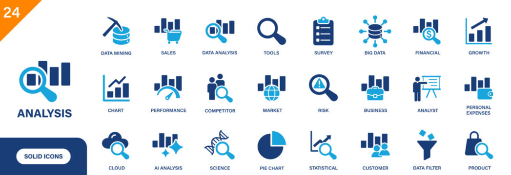 Analysis icon. Includes market, data analysis, data filter, statistical, chart. Solid vector icons collection.