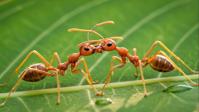 Two Weaver Ants Communicate on a Green Leaf Macro Shot