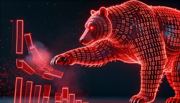 red binary code bear with falling bar chart perfect for financial wellness month risk background