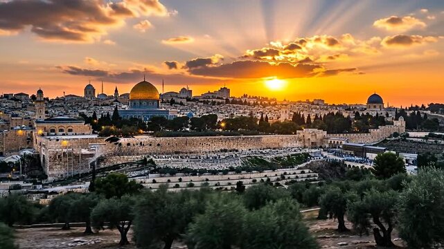 Stunning sunset over Jerusalem with vibrant clouds and historical landmarks.