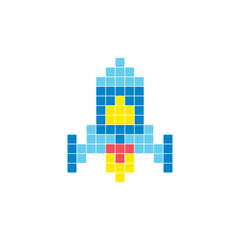 Obraz premium A flat pixel design made of geometric square color blocks on a clean icon layout. Pixel art rocket