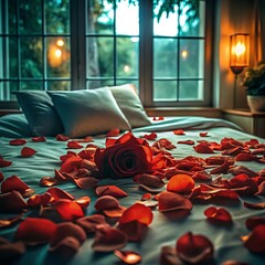 romantic bedroom with red rose petals on white bed and soft natural light through window