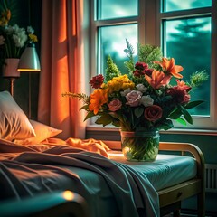 cozy bedroom with flower bouquet on bedside table and soft natural light through window