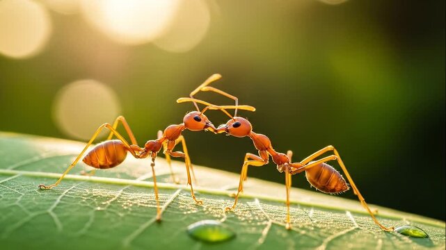 Macro shot of two red weaver ants communicating on a green leaf at dawn
