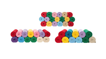 Colorful rolled towels neatly arranged isolated on white background. Concept of cleanliness, hygiene, spa, wellness, comfort, and home lifestyle.