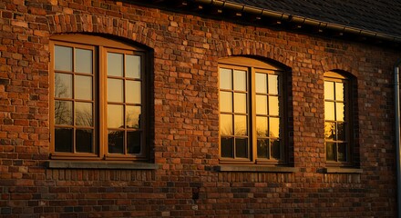 Fototapeta premium Brick building with three arched windows reflecting sunlight