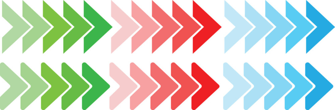 Two rows of chevron arrows in gradient colors moving right on white background Keywords arrow, chevron