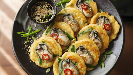 Hot Pan‑Fried Oyster Pancakes with Scallions and Red Chili — Golden Korean Seafood Jeon Platter Styled for Food Blogs, Restaurant Menus and High‑Resolution Stock Photography