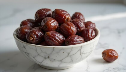 Obraz premium Premium dates fruit in marble bowl, soft light, white background
