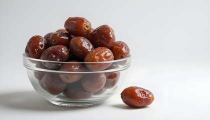 Obraz premium Fresh dates fruit in glass bowl, studio lighting, white background