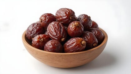 Obraz premium Dates fruit in wooden bowl, minimal style, white background