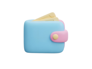 Stylized 3D illustration of a light blue and pink wallet with protruding yellow banknotes