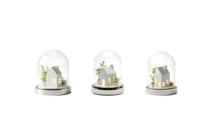 Miniature house protected inside a transparent glass dome with plants. Concept of home protection, sustainability, eco living, environmental safety, and future housing solutions.