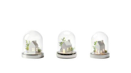 Miniature house protected inside a transparent glass dome with plants. Concept of home protection, sustainability, eco living, environmental safety, and future housing solutions.