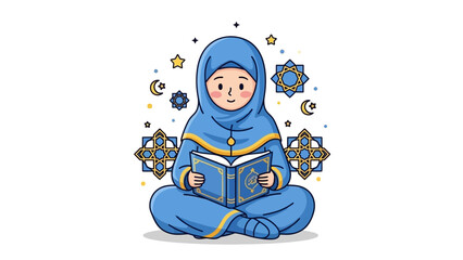 Naklejka premium Young Muslim girl reading a sacred text surrounded by geometric and celestial