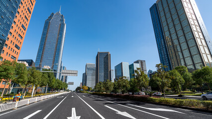 Modern Skyscrapers and Clear Blue Sky in Urban Area