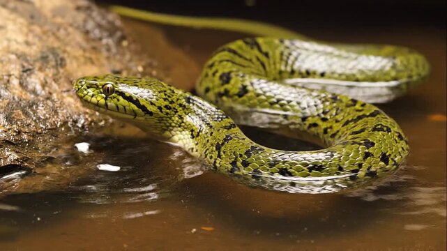 Close up of a spotted green anaconda snake resting in murky water