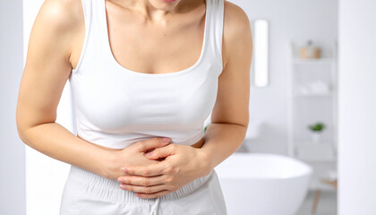 Woman holding belly pain showing gut health issues with stomach and intestine discomfort affecting digestion and colon