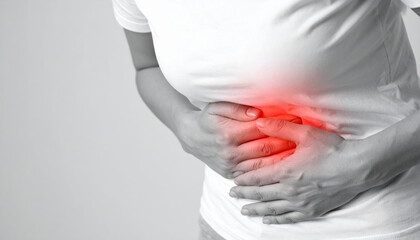 Person holding abdomen with red highlight showing gut health pain stomach digestion belly intestine colon bacteria microbiome