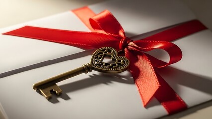 White envelope tied with a red satin ribbon and an antique bronze heart-shaped key, concept for secret love letters and romance.