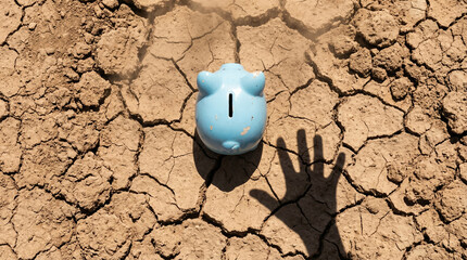 Broken piggy bank on dry cracked soil symbolizes financial crisis loss debt and bankruptcy affecting economy and investment savings