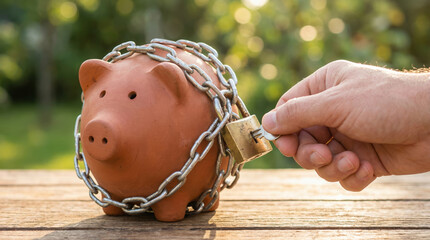 Broken piggy bank wrapped in chain with padlock and hand holding key symbolizing financial crisis debt loss and economy savings investment