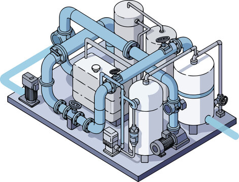 Isometric illustration of a complex water treatment or fluid processing skid system