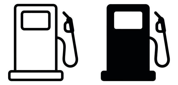 Line art and solid gas pump icon set featuring fuel dispensers for transportation and energy concepts