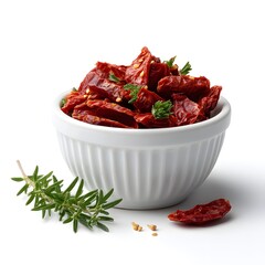 Bowl of Sun-Dried Red Tomatoes Garnished with Fresh Rosemary Sprigs on White Background