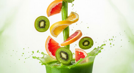 Naklejka premium Dynamic Green Smoothie with Citrus and Kiwi Flying in Motion 