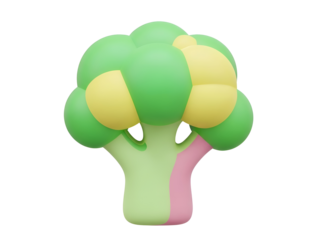 Stylized 3D illustration of a broccoli floret with green and yellow florets atop a pink and light green stalk