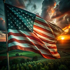american flag waving over rural field during dramatic sunset with moody clouds and warm light