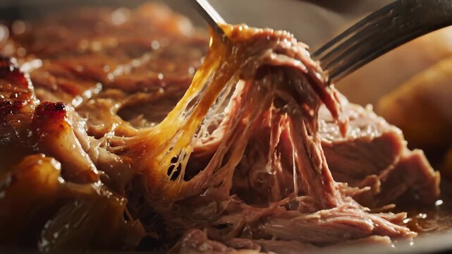 Fork Shreds Cooked Roast With Rich Sauce Detail