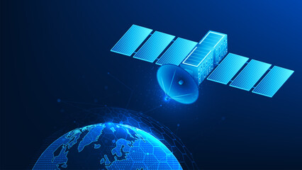 Satellite Technology Background with Central Server Hub Orbiting Earth, Global Data Network, Space Communication, Cloud Computing and Worldwide Internet Connectivity Concept © K illustrator Photo