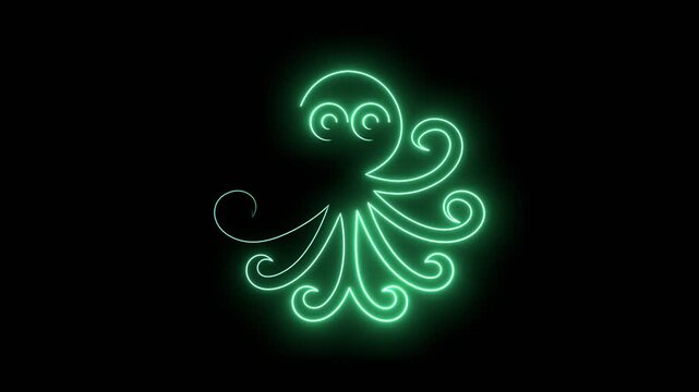 Octopus with tentacles. Sea and ocean animal. Cute giant kraken monster, cartoon funny underwater cuttlefish. Thin lines style emblem for the menu of the seafood restaurant. Neon glowing.