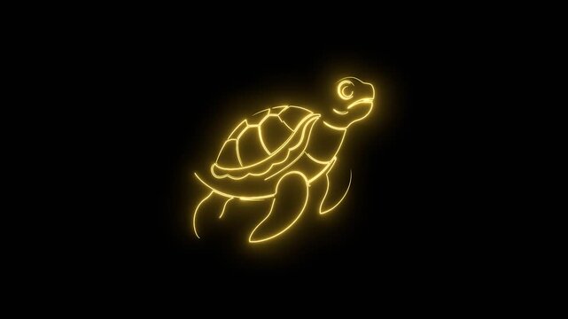 Sea turtle animal icon. Silhouette in thin lines minimalist style, emblem for the menu of the seafood restaurant. Neon glowing.