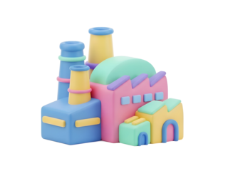 Stylized colorful 3D factory illustration with chimneys and block shapes