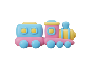 A brightly colored stylized 3D toy train with pink blue and yellow components