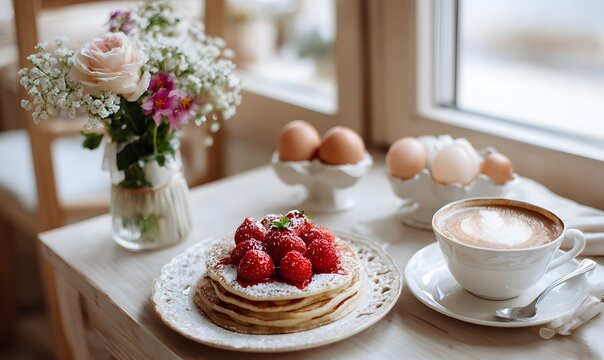 Romantic breakfast table in a cozy cafe interior, pancakes stacked with fresh strawberries and powdered suga