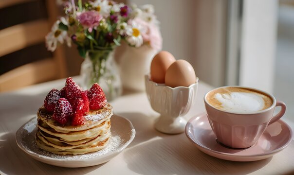 Romantic breakfast table in a cozy cafe interior, pancakes stacked with fresh strawberries and powdered suga