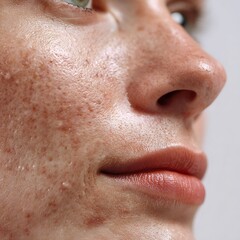 Fototapeta premium Macro image of facial skin with post-acne scars and uneven texture on white background