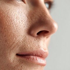 Fototapeta premium Macro image of facial skin with post-acne scars and uneven texture on white background