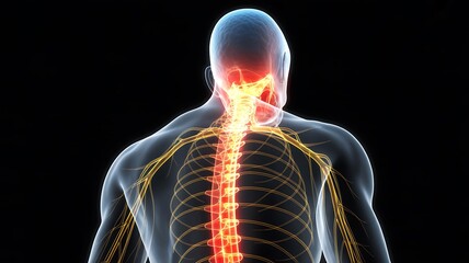 Transparent human body from behind showing illuminated upper spine and neural pathways