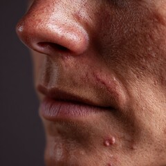 Obraz premium Macro image of facial skin with post-acne scars and uneven texture on white background