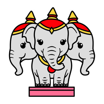 Cute cartoon Erawan elephant with three heads, Thai mythical creature in kawaii chibi style, three-headed elephant vector illustration isolated on white background, symbol of Airavata, traditional Tha