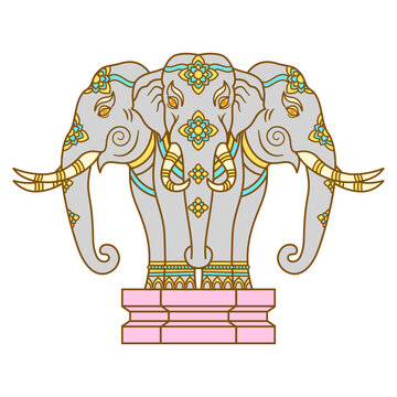 Thai Erawan elephant with three heads, Airavata mythical creature with traditional Thai flower patterns, majestic three-headed elephant vector illustration on white background, spiritual symbol of Ind