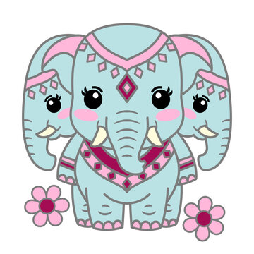 Three-headed Erawan elephant vector set, Thai Airavata mythical creature in both traditional ornamental and cute kawaii chibi styles, sacred white elephant with Thai patterns and floral details, isola