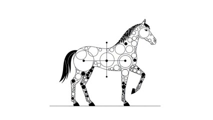 A stylized, abstract horse with geometric patterns and circles, standing on a white background.