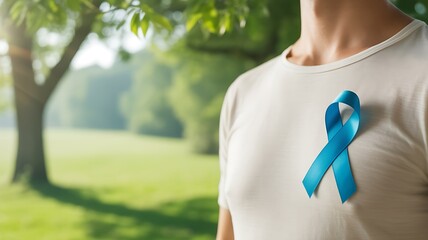 Man wearing a light colored t shirt with a blue awareness ribbon pinned to his chest